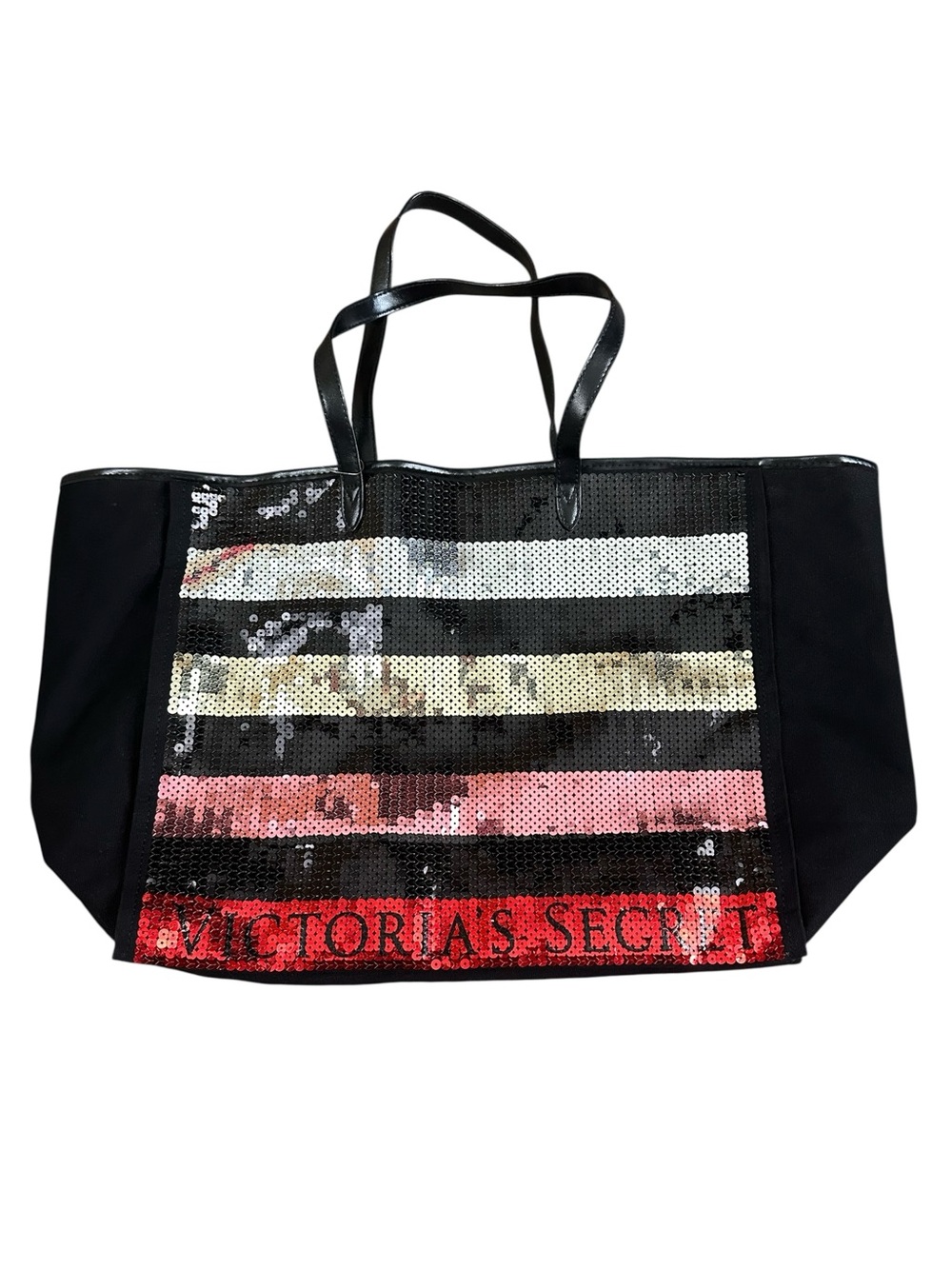 Victoria’s Secret Sequin Stripe Tote Bag Large Black Travel Overnight Bag